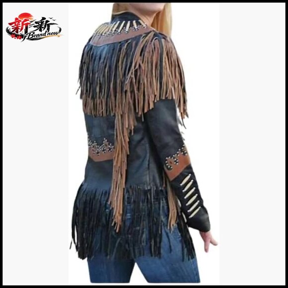 Genuine Cowhide Leather Jacket with Beaded Fringe Tassels - Picture 2 of 7